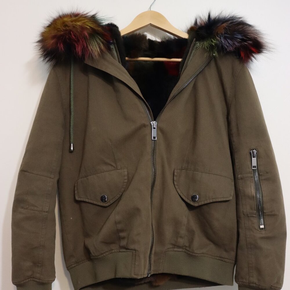 Overland Dinah Fur Lined Canvas Bomber Jacket -Olive Green - Removable Hood Trim